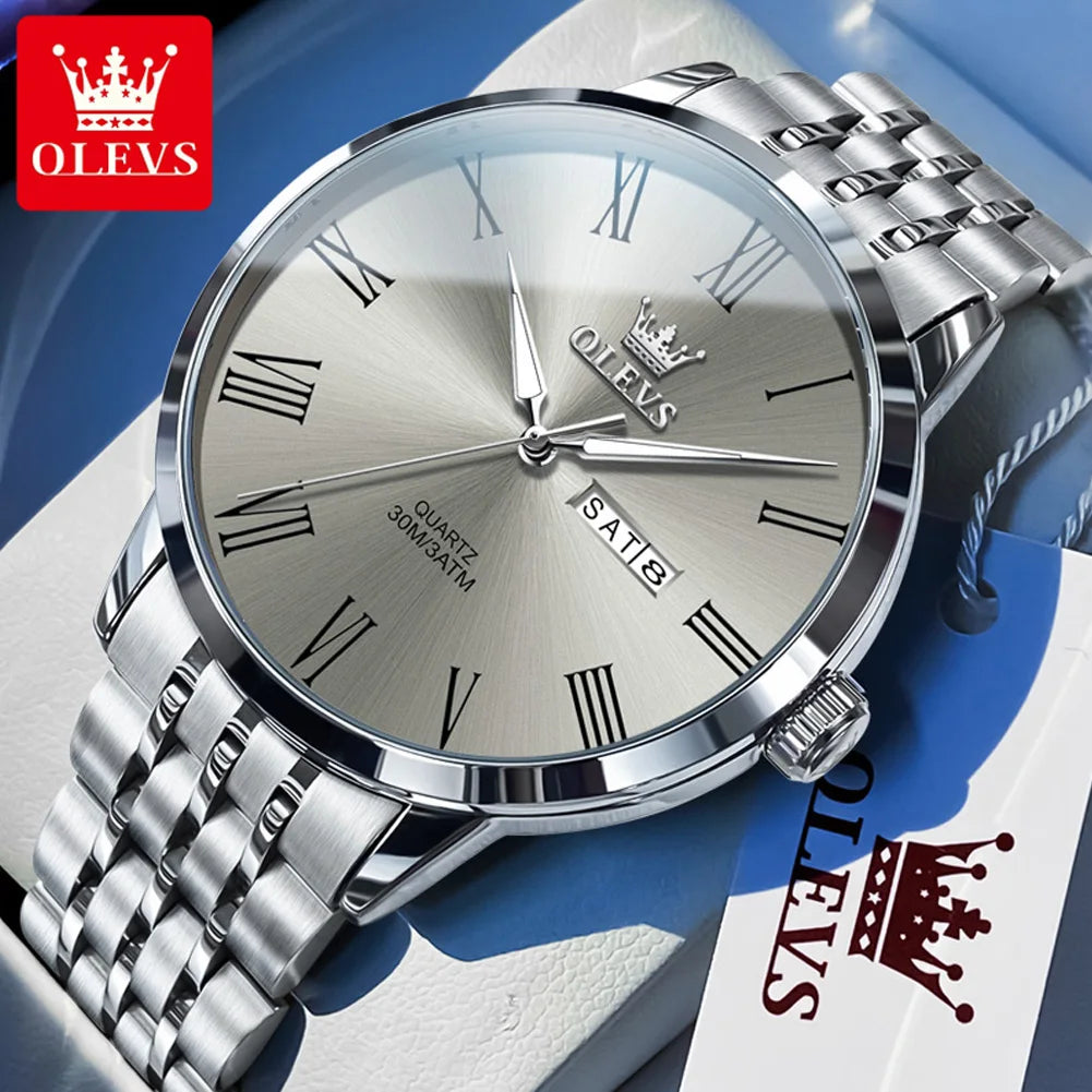 OLEVS 3633 Herrenuhr Business Simply Original Quarzuhr für Herren, wasserdicht, leuchtend, Edelstahl, Dual-Kalenderanzeige