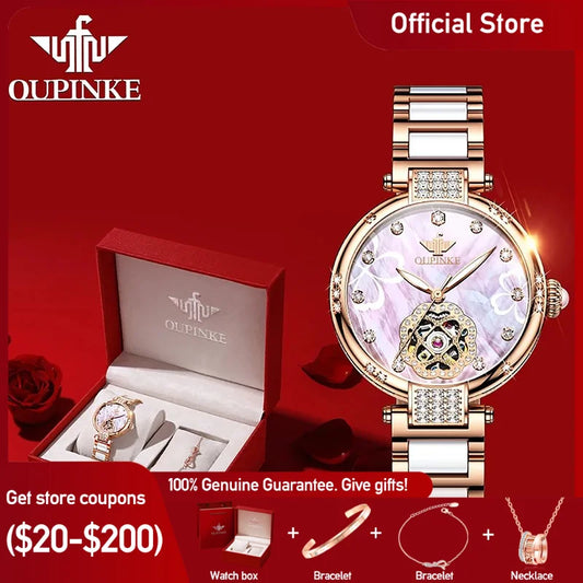 OUPINKE Top Luxus Marke Automatische Mechanische Frauen Uhr Wolfram Stahl Armband Wasserdicht Geschenk Box Automatische Uhren Frauen