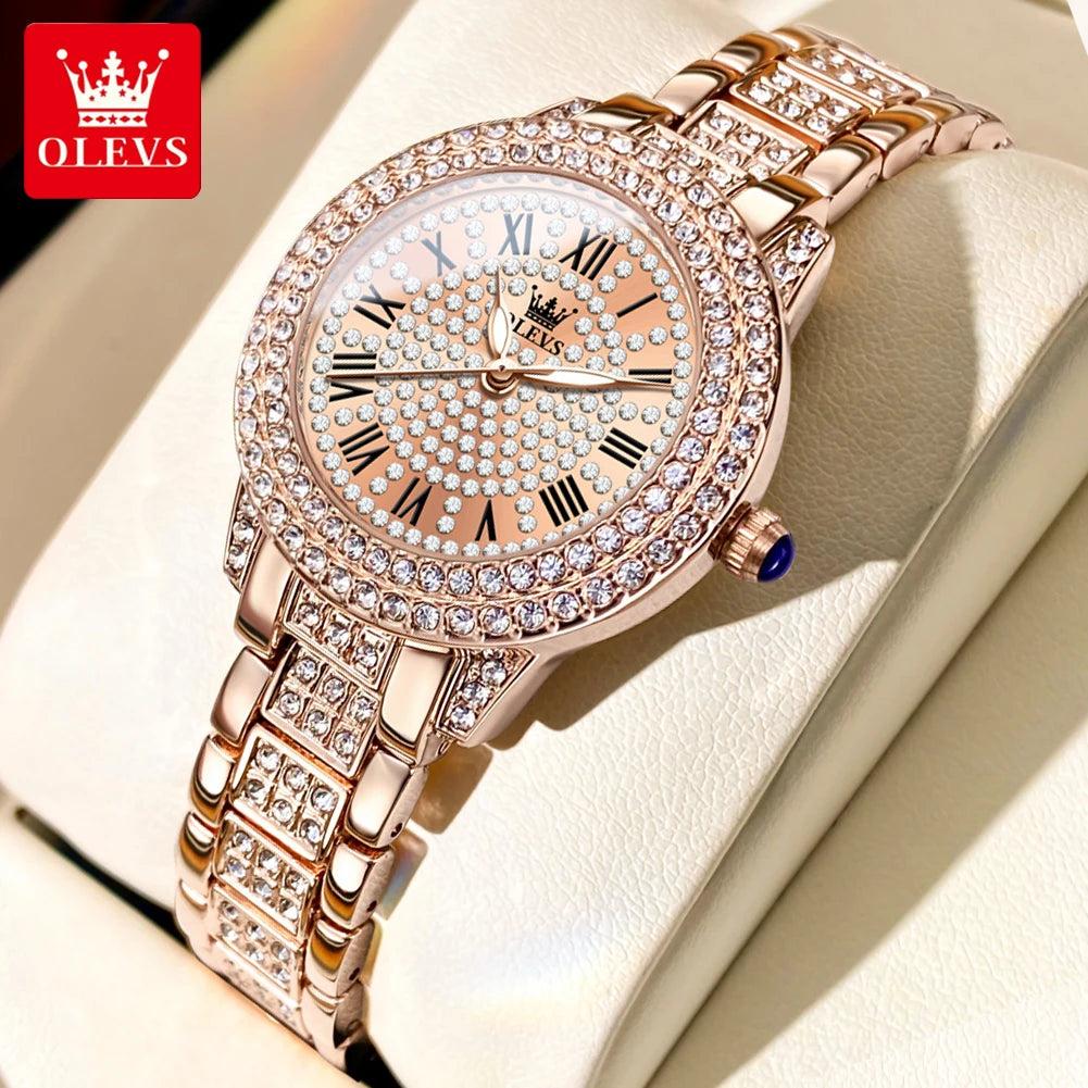 OLEVS frauen Uhren Mode Original Quarz Armbanduhr für Damen Römischen Zifferblatt Dazzling Diamant Wasserdicht Leucht Luxus Neue