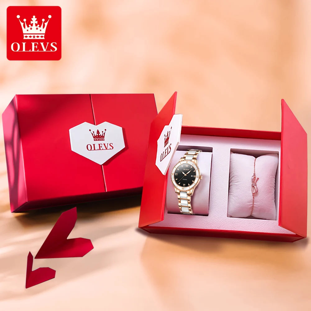 OLEVS Damenuhren, elegante Mode, Keramik, Quarz, Wirtwatch für Damen, Diamant-Skala, Datumsanzeige, wasserdicht, leuchtend