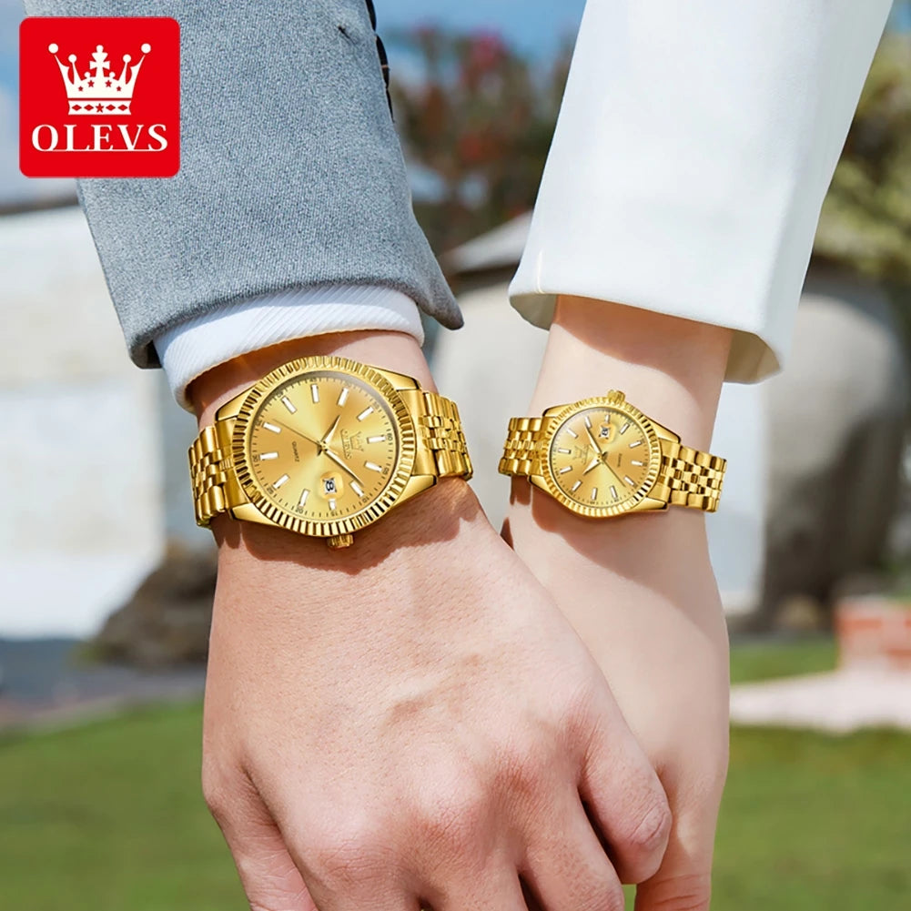 Olevs Paar Uhr Gold Edelstahl Armband Quarz Uhr sein und ihr Kalender romantischer Liebhaber Original Luxus männlich und weiblich