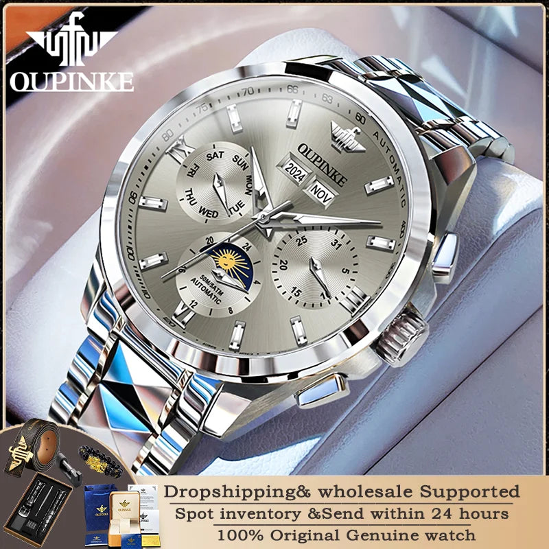 OUPINKE 3201 Männer Uhr Wolfram Stahl Wasserdicht Mondphase Automatische Mechanische Uhr Luxus Marke Männer Uhr Relogios Masculino