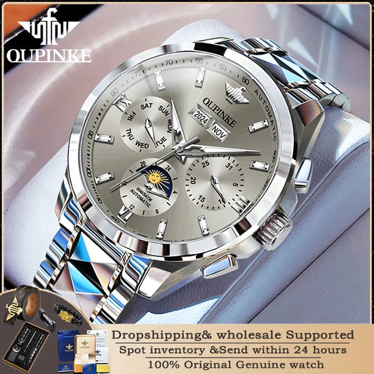 OUPINKE 3201 Männer Uhr Wolfram Stahl Wasserdicht Mondphase Automatische Mechanische Uhr Luxus Marke Männer Uhr Relogios Masculino