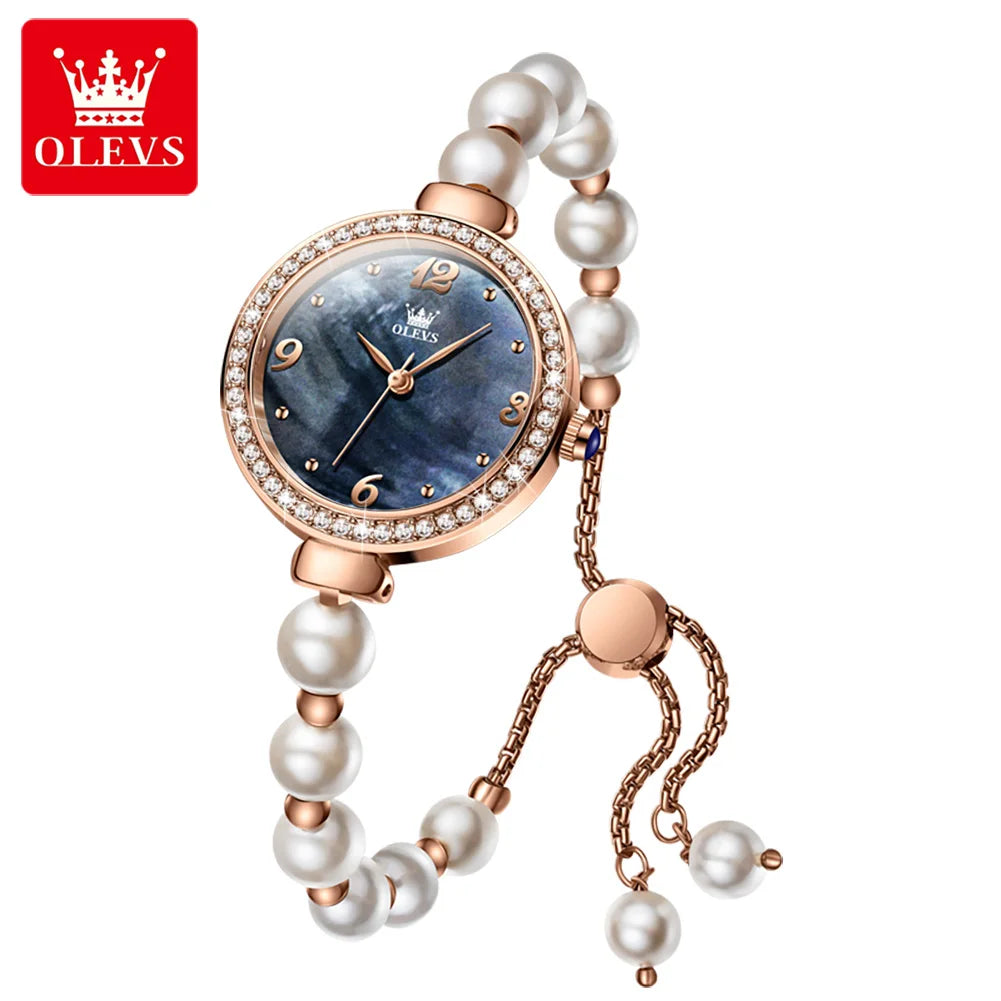 OLEVS 9968 Frauen Uhr Elegante Mode Original Kleine Zifferblatt Quarz Armbanduhr Wasserdichte Perle Uhr Kette Damen Uhr Box Reloj