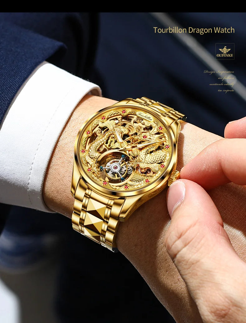 Oupinke High-End-Tourbillon Golden Dragon Herren uhr wasserdichte Wolfram Stahl Luxusmarke automatische mechanische Herren uhr