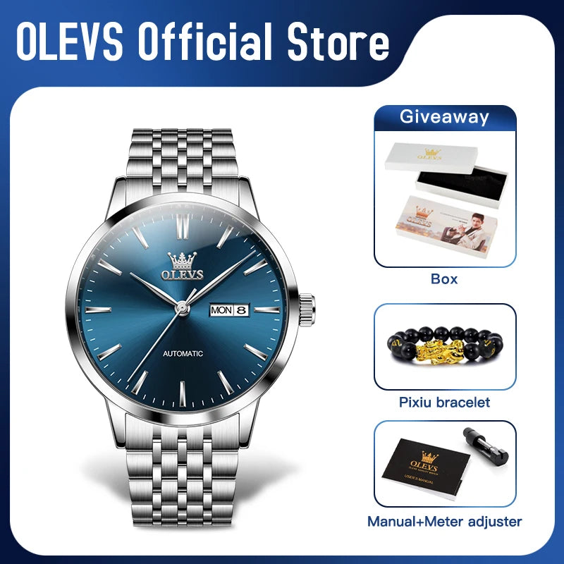 OLEVS 7048 Herrenuhr, neues Business, Original-Automatikuhr, wasserdicht, leuchtender Edelstahl, Dual-Kalender-Display, reifer Mann