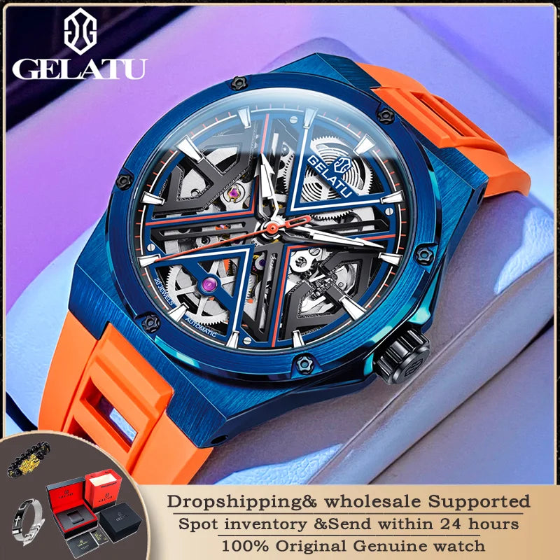 Gelatu aushöhlen automatische mechanische Uhr Luxusmarke Saphir Spiegel wasserdichtes Silikon armband Herren uhr reloj hombre