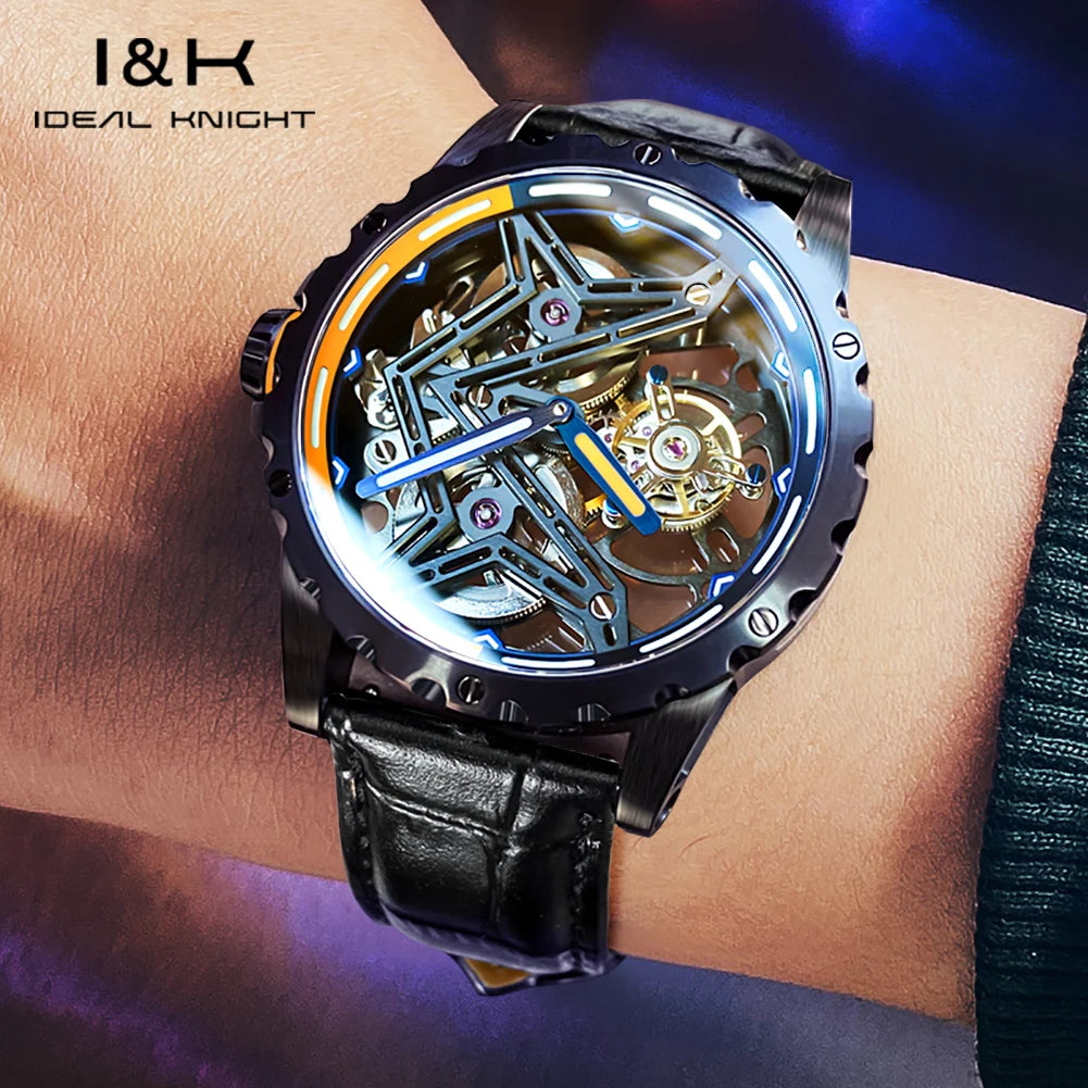 Ideal Knight Tourbillon Automatic Watch for Men Orange Blue Luminous Dial Fashion Black Steel Strap Hand Clock Great Wall Series