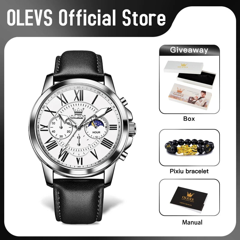 OLEVS 3632 Herrenuhr Marke Original Einfache Quarz Handgelenk Wasserdichte Lederband Tragen Uhr Uhr Für Männer Mondphase Herren Geschenk