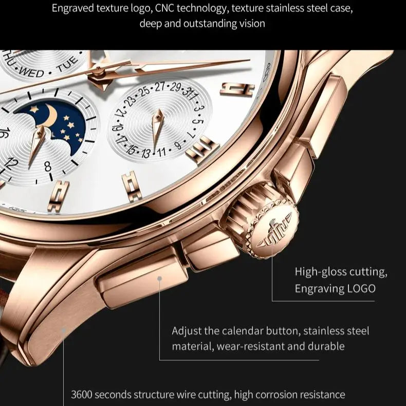 OUPINKE 3189 Herrenuhr Top Luxusmarke Automatische mechanische Uhr Mode Leder Wasserdicht Saphirspiegel Mond Herrenuhr