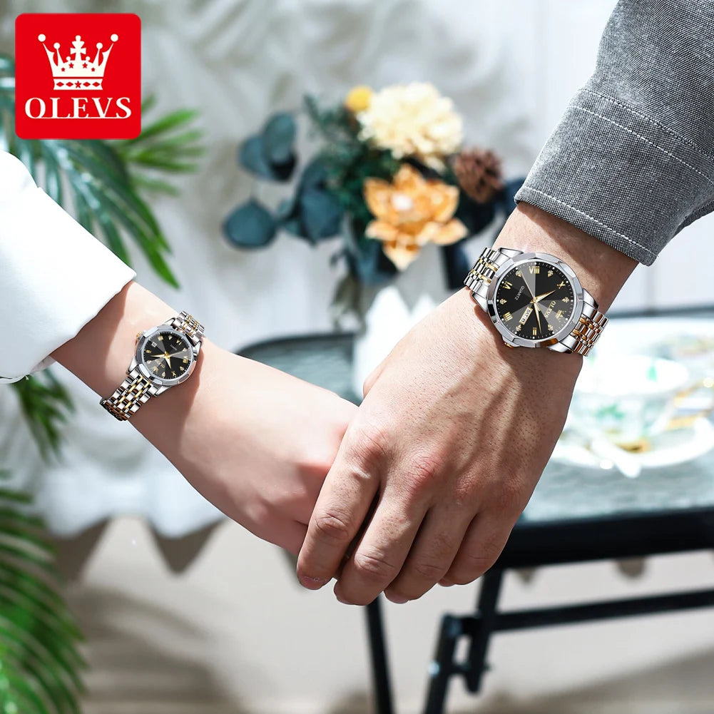 Olevs Paar Uhren Raute Spiegel Luxus Original Quarz Männer und Frauen Armbanduhr wasserdicht leuchtende Datum Woche sein und sie