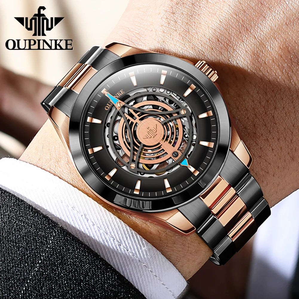 Oupinke 3206 Herren uhr Top Luxus 3D Himmel Auge Skelett Saphir Spiegel Herren automatische mechanische Uhr Marke wasserdichte Uhr