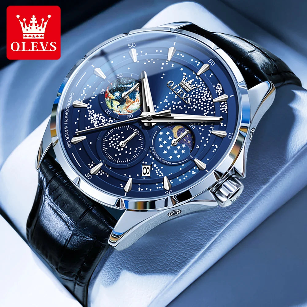 Olevs Herren uhren multifunktion ale Original Quarz Armbanduhr wasserdichte Leder Leucht uhr für Mann Chronograph Mondphase