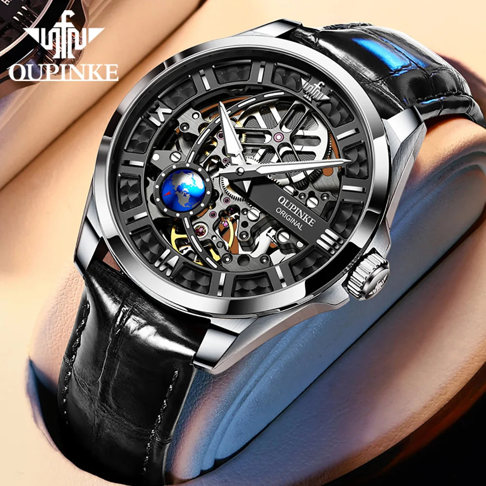 OUPINKE 3268 Luxus Original Skeleton 50 M Wasserdicht Männer Automatische Mechanische Uhr Mode 3D Rotierenden Globus Sport herren Uhr