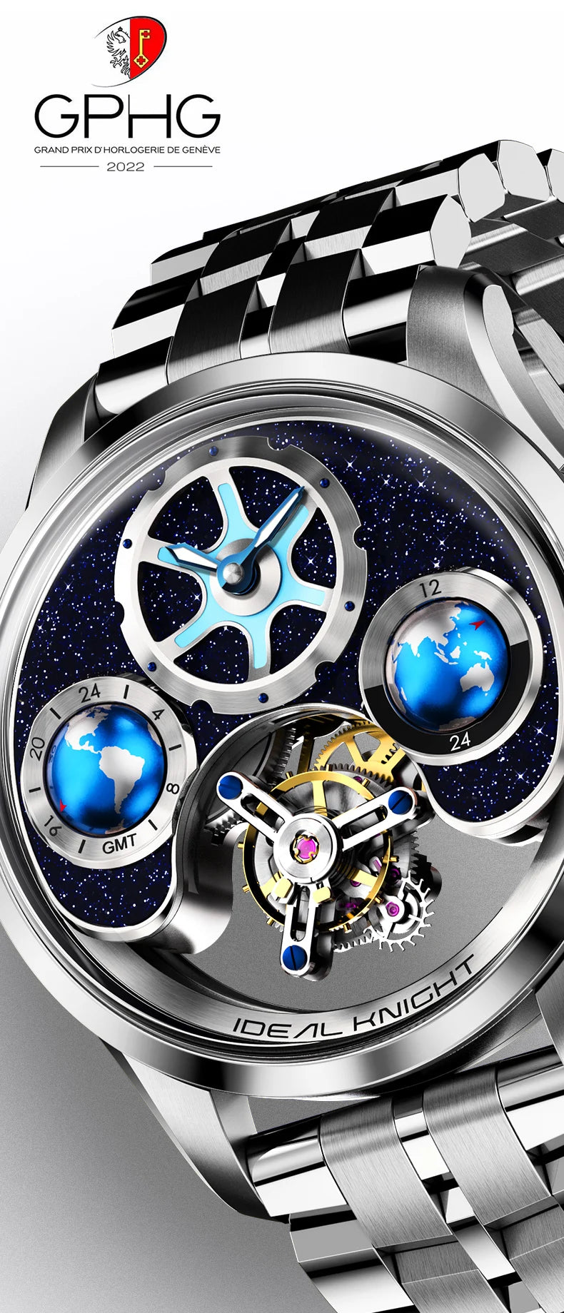 IDEAL KNIGHT 6808 Hollow Tourbillon Watch Luxury Brand Men Watch Fashion Business Waterproof Luminous Blue Earth Design Watch ﻿