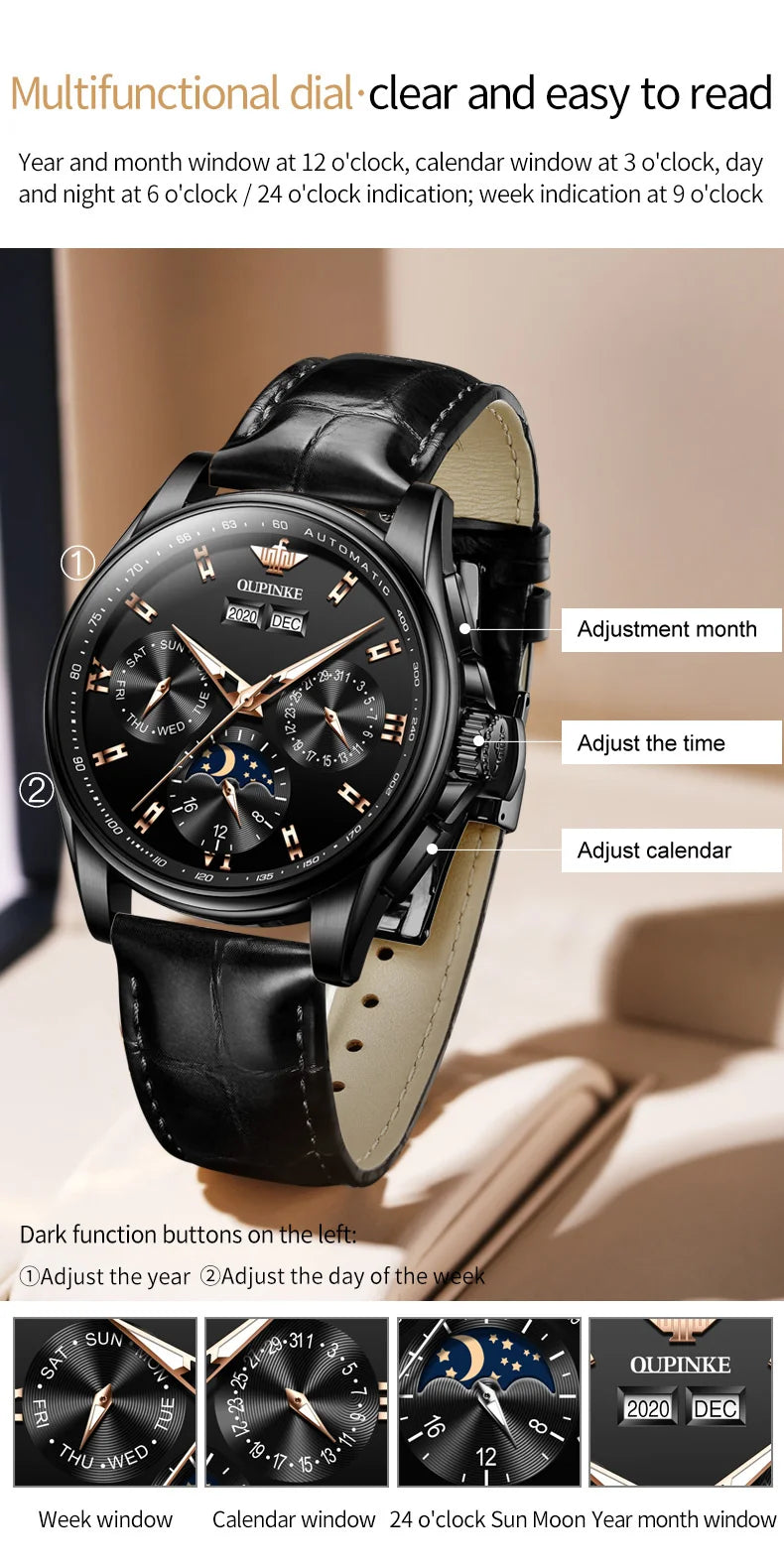 OUPINKE Echte männer Automatische Mechanische Uhr Wasserdicht Kalender Saphir Spiegel Armbanduhr herren Uhr Religio Masculino