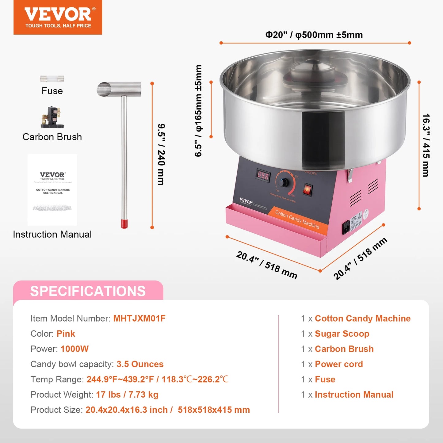 VEVOR Elektrische Zuckerwattemaschine, 1 kW Zuckerwattegeräte, Kommerzielle Zuckerwattemaschine mit Abdeckung, Edelstahlschüssel & Zuckerlöffel, für Kindergeburtstage zu Hause, Familienfeiern (Rot)