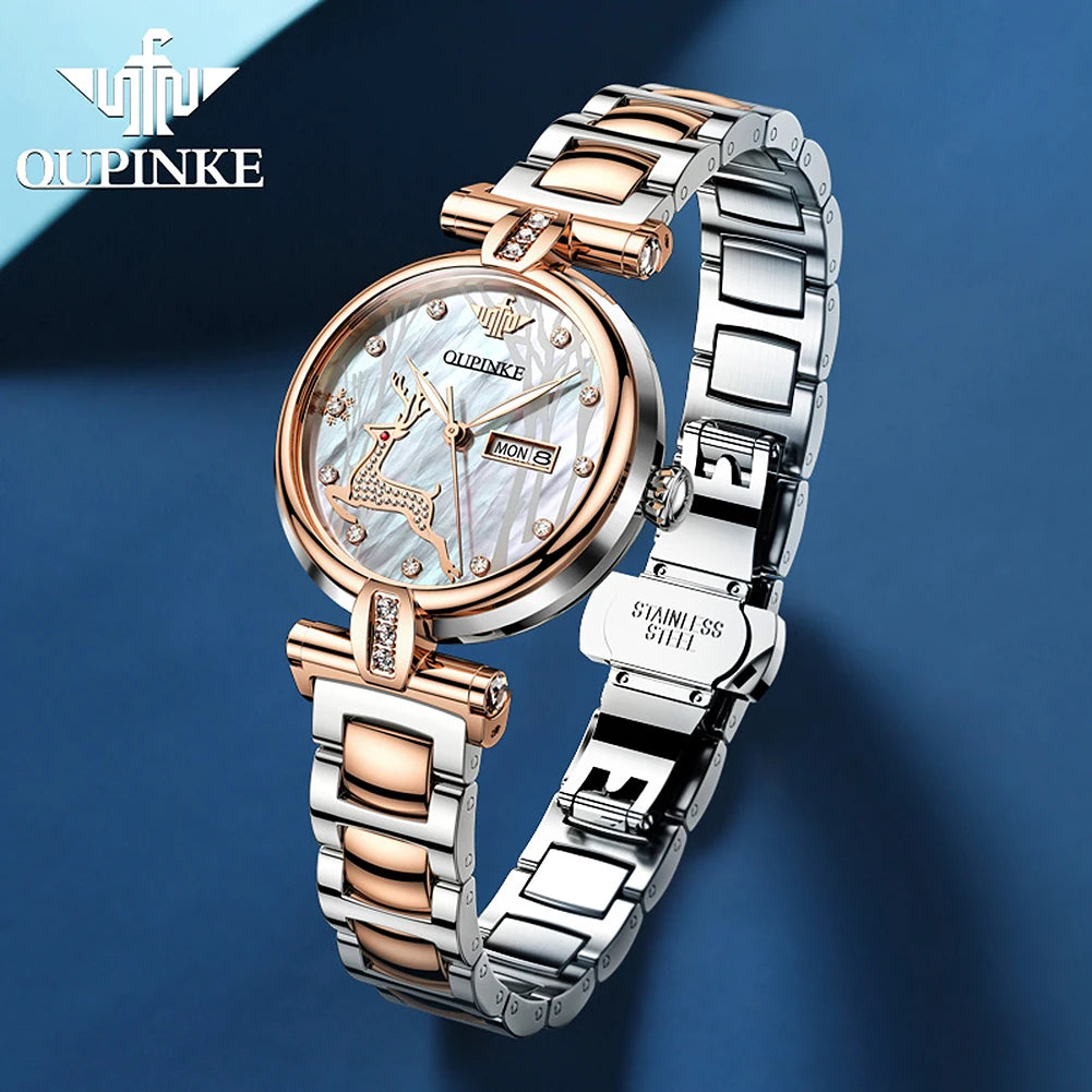 Oupinke Damen mechanische Uhren Mode Diamant Hirsch Design Armbanduhr Top Luxus Stahl armband Automatik uhr für Frauen