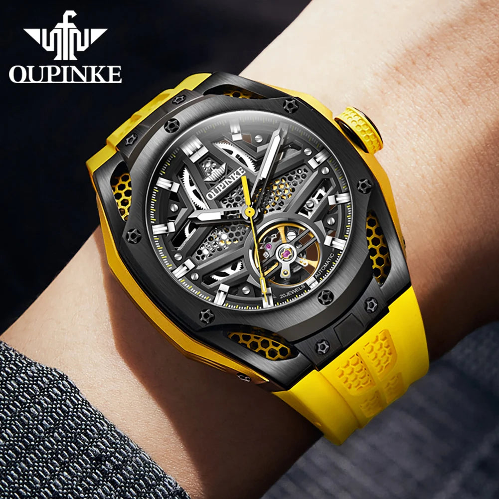 Oupinke 9003 hohle automatische mechanische Uhr für Männer Skelett Schwungrad Sport Herren uhren Silikon armband Original Handuhr