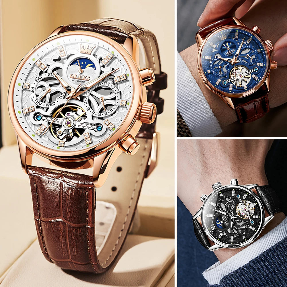 OLEVS Top Marke männer Uhren Mode Skeleton Tourbillon Automatische Mechanische Armbanduhr für Männer Wasserdicht Lederband Neue