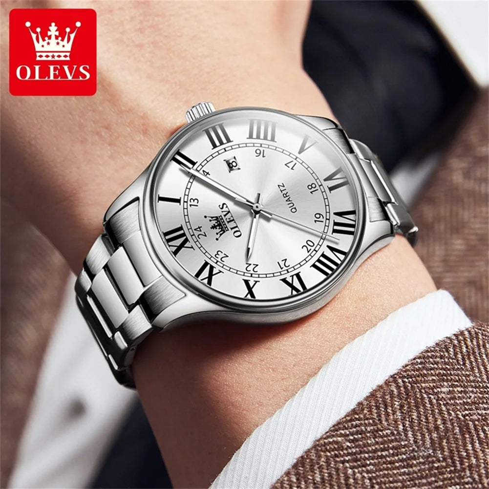 Olevs Herren uhren römische Skala einfache Mode Uhr für Mann wasserdichte Edelstahl leuchtende Datum Original Quarz Armbanduhr