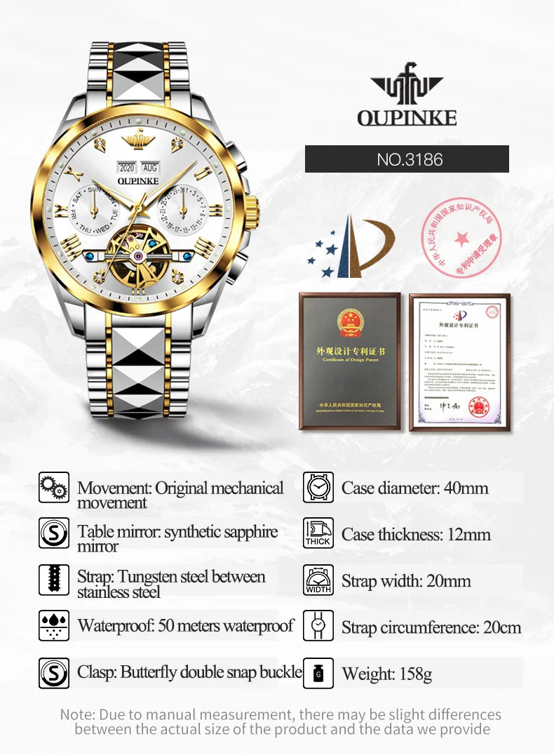 OUPINKE Top Marke männer Uhren Luxus Sapphire Automatische Mechanische Uhr für Mann Wolfram Stahl Tourbillon Wristwath Kalender