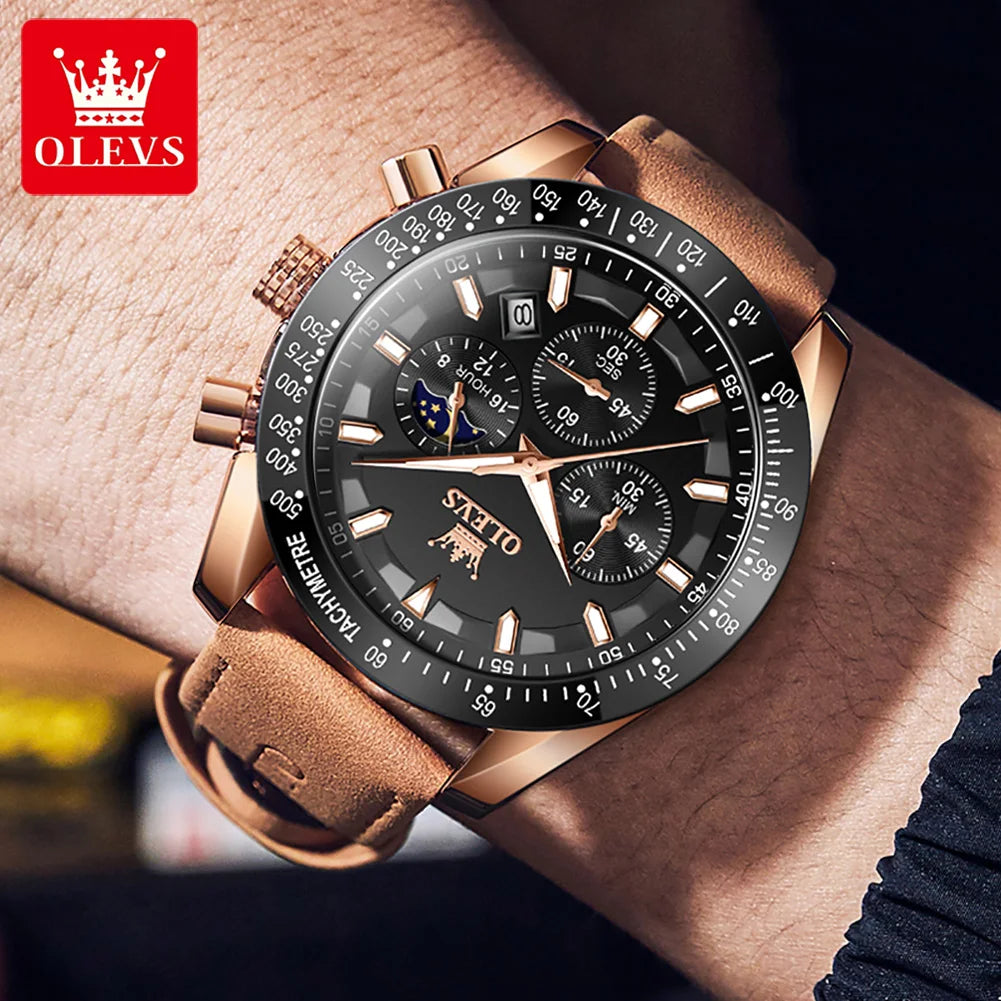 OLEVS herren Uhren Beliebte Mode Original Quarzuhr für Mann Chronograph Wasserdichte Leder Armbanduhr Luminous Mond Phase