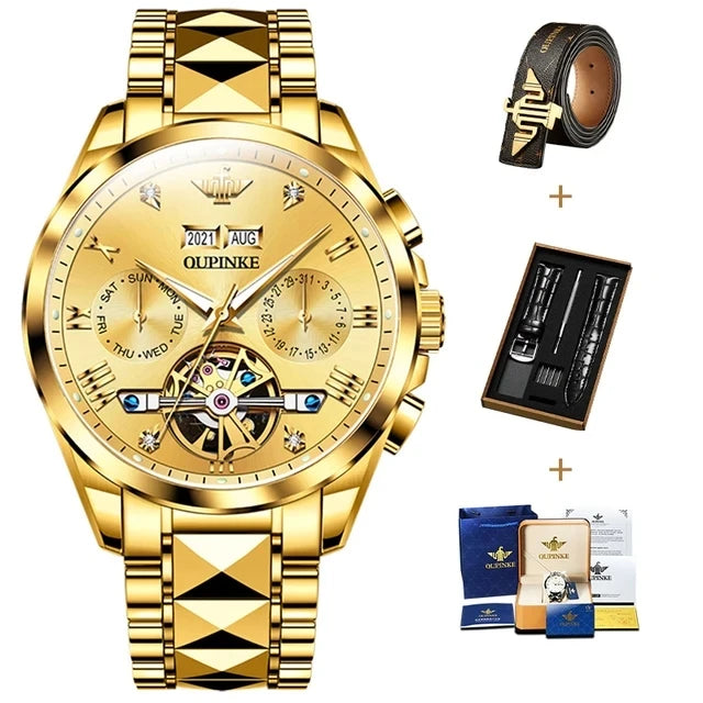 Oupinke hochwertige Luxus Skelett Schwungrad Automatik uhr für Männer 5bar wasserdichte Dual Kalender Marke Herren Armbanduhr