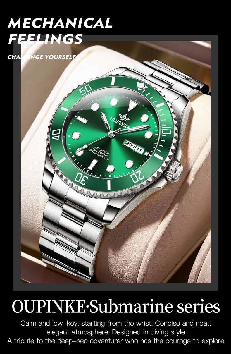 OUPINKE 3205 Diving Series Men Fully Automatic Movement Watch Classic Green Water Ghost Double Calendar Top Men Mechanical Watch