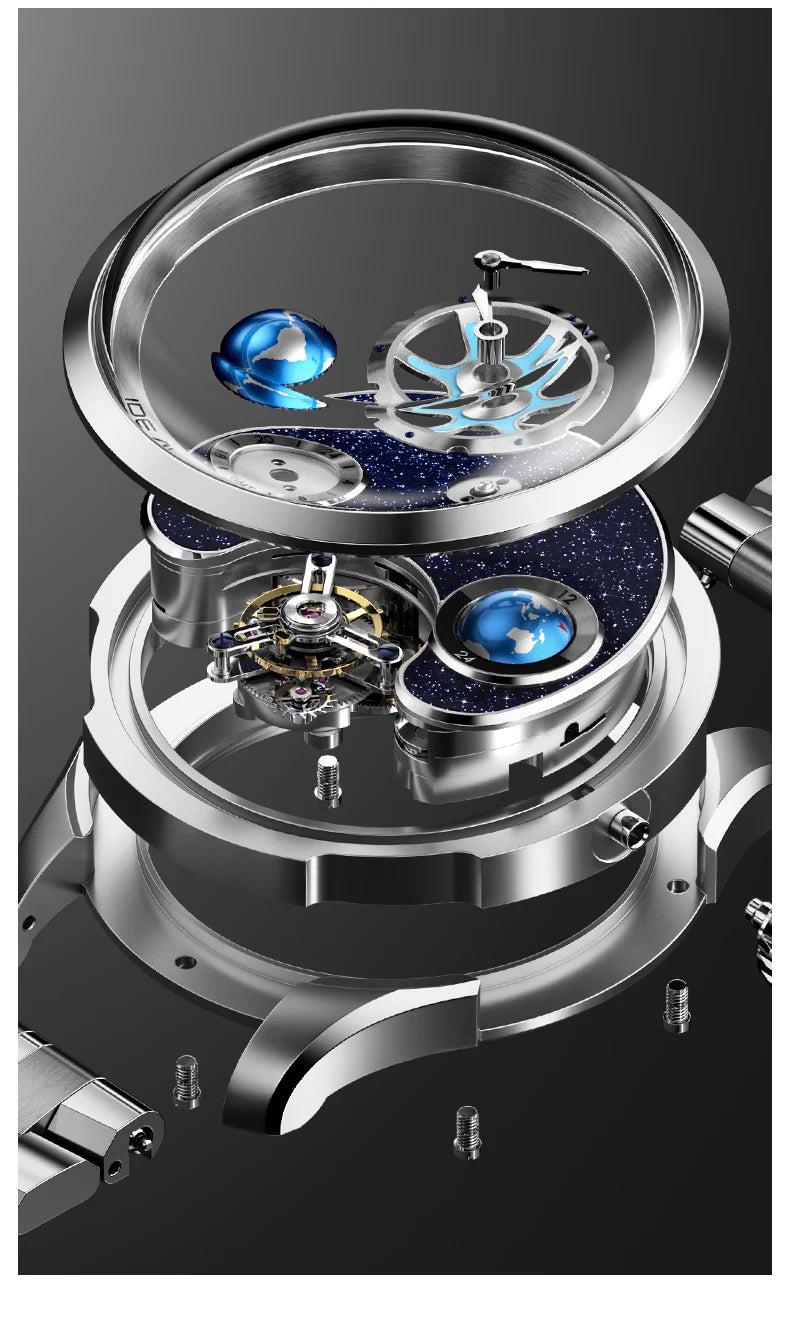 IDEAL KNIGHT 6805 Luxury Original Men's Tourbillon Watch Fashion 3D Rotating Blue Floor Design 12 Hour Tray Skeleton Men's Watch