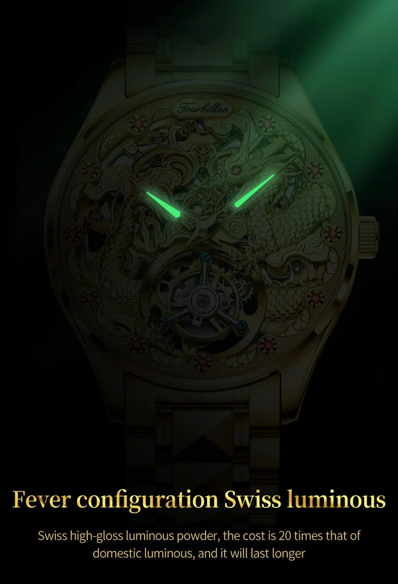 OUPINKE 3176 Luxuriöse, hochwertige, vollautomatische mechanische Tourbillon-Uhr mit vollem goldenem Drachen-Zifferblatt, Saphirspiegel-Herrenuhr