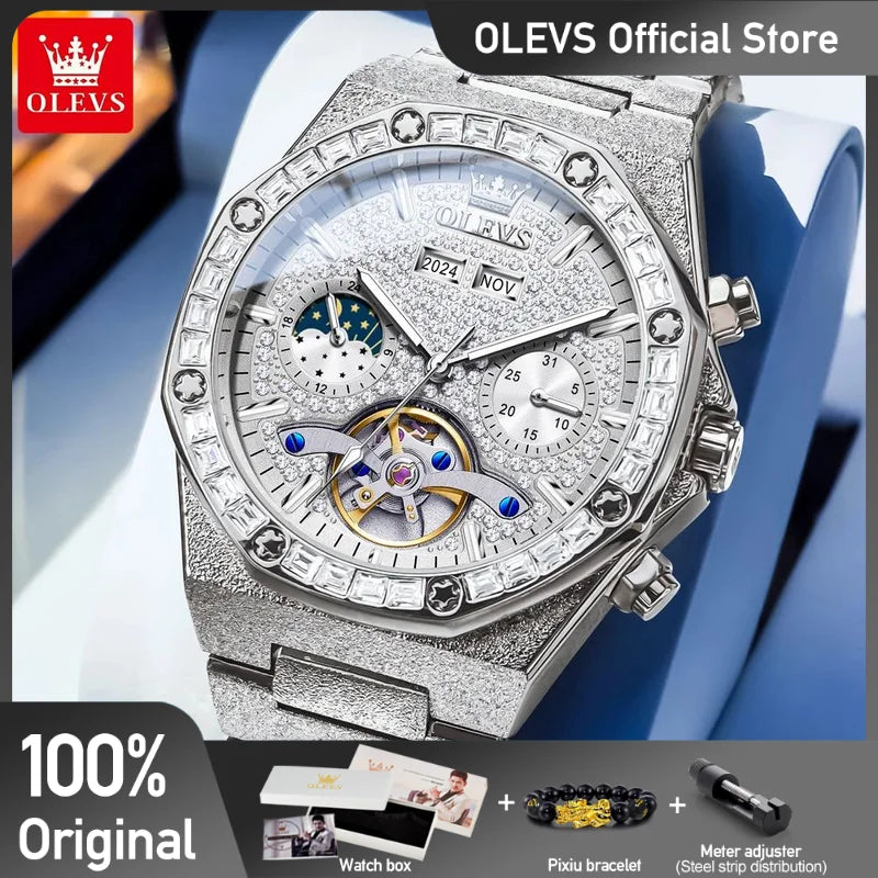 OLEVS 9805 Herrenuhr Originalmarke Tourbillon Automatische mechanische Uhr Diamant Zifferblatt Wasserdicht Mondphase Uhren für Männer