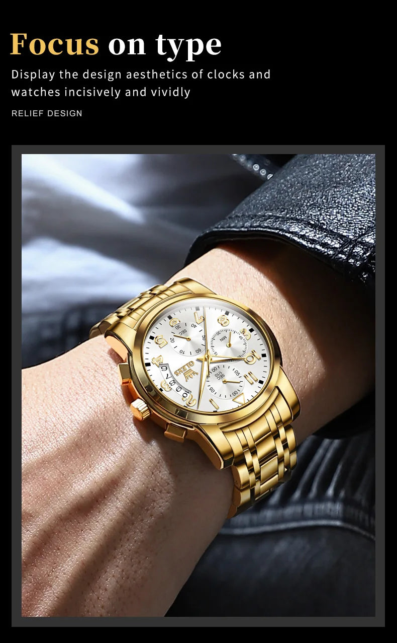 OLEVS Luxus männer Uhren Original Gold Chronograph Armbanduhr Wasserdichte Edelstahl Leucht Quarzuhr für Mann Sozialen