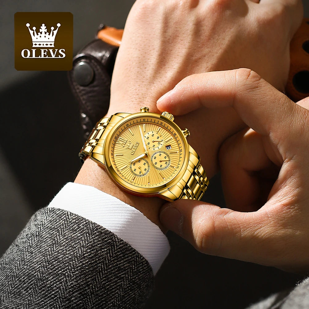 Olevs Herren uhren Luxus Gold Mode Armbanduhr für Mann Edelstahl wasserdicht leuchtenden Chronograph Datum 24 Stunden Anzeige