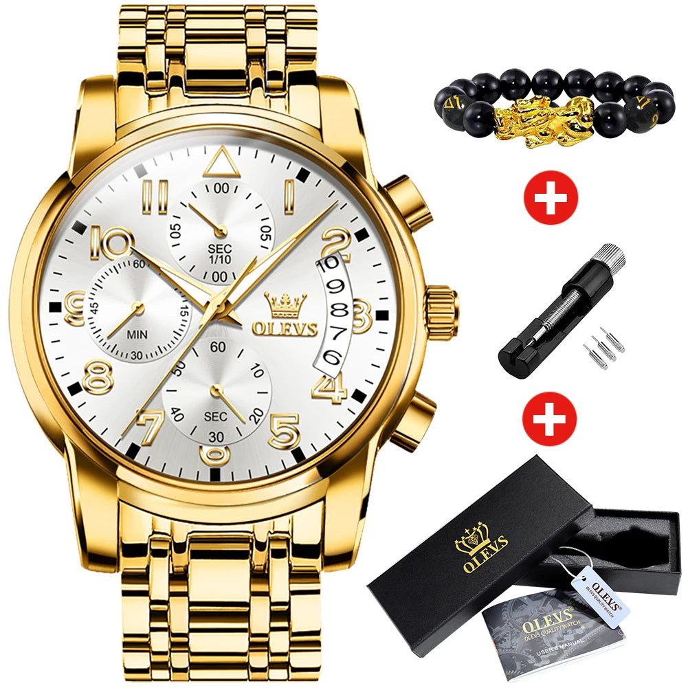 OLEVS Luxus männer Uhren Original Gold Chronograph Armbanduhr Wasserdichte Edelstahl Leucht Quarzuhr für Mann Sozialen