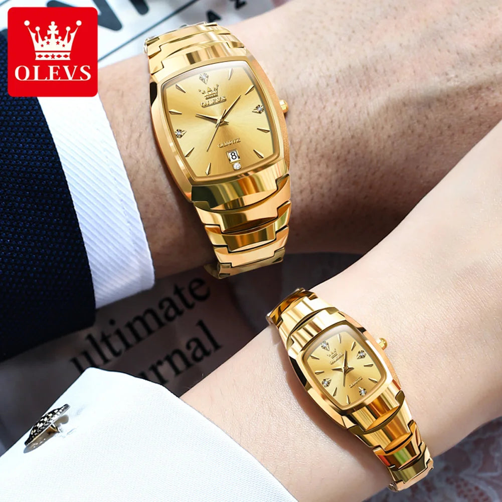 OLEVS Paar Uhren Luxus Gold Original Armbanduhr Wasserdicht Wolfram Stahl Datum Sie und Ihn Uhr Set Jahrestag Geschenk