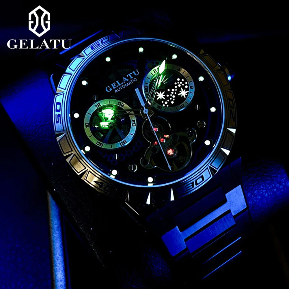 Gelatu 6020 Luxus multifunktion ale trend ige Herren uhr Skelett wasserdicht Sternen himmel Zifferblatt Marke automatische mechanische Herren uhr