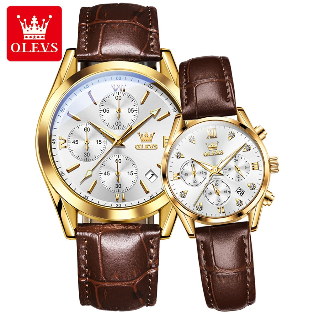 Olevs Paar Uhr für Männer Frauen wasserdichte Quarz Armbanduhr Männer Frauen Leder armband Chronograph Design Liebhaber Uhr Geschenke