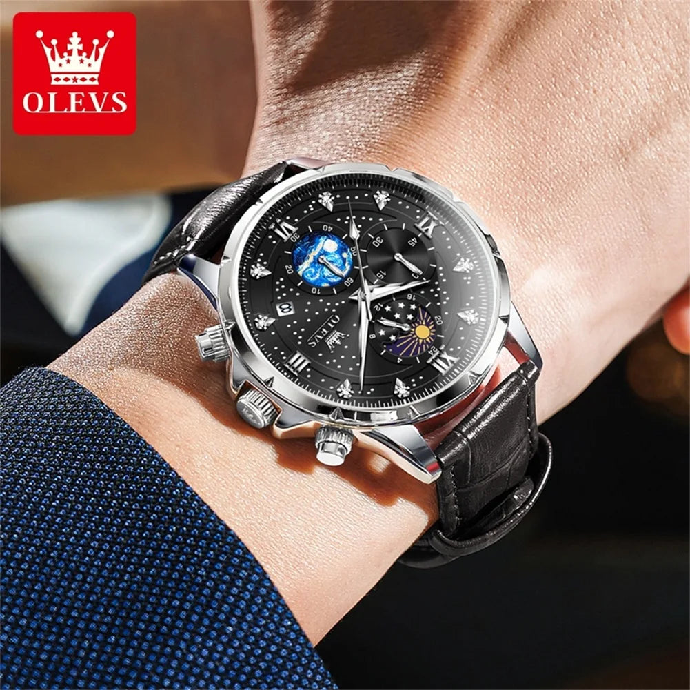 Olevs Herren uhren Original Quarzuhr für Mann Multi funcion Chronograph wasserdicht leuchtende Mondphase 24 Stunden Anzeige