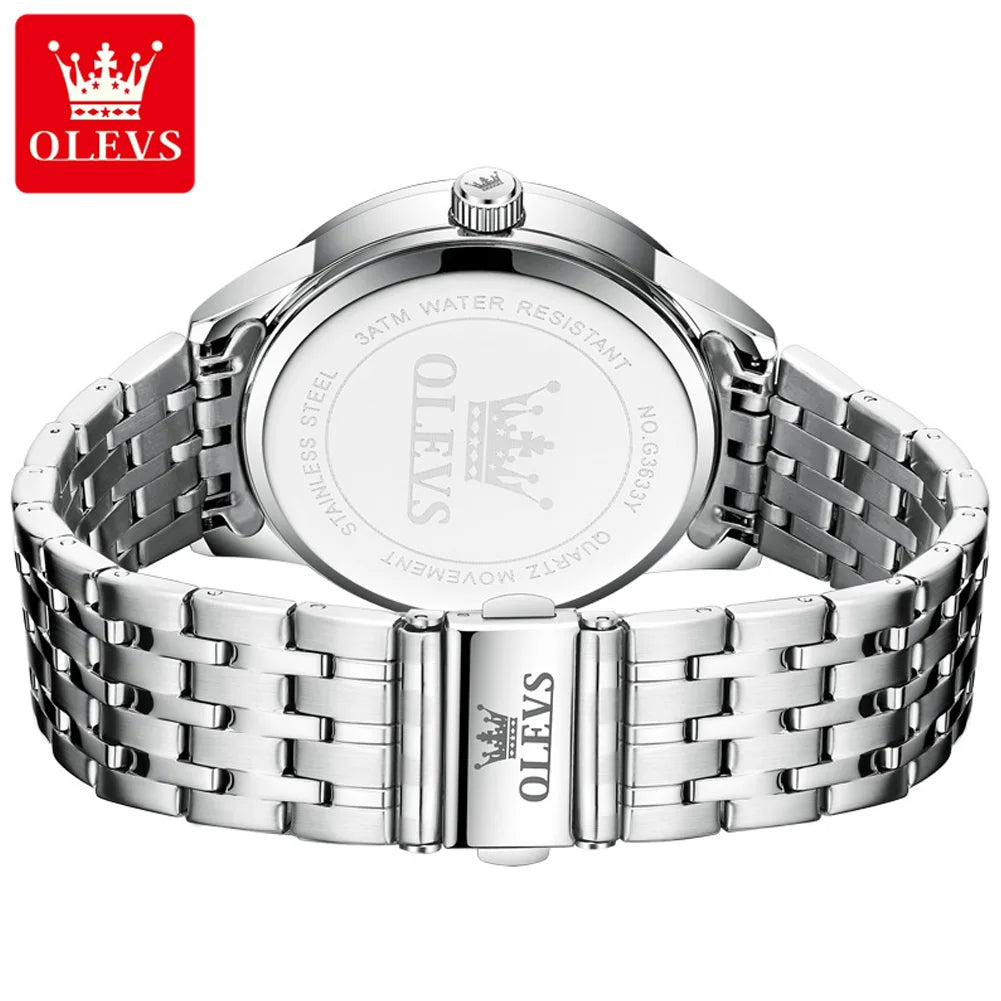 OLEVS 3633 Herrenuhr Business Simply Original Quarzuhr für Herren, wasserdicht, leuchtend, Edelstahl, Dual-Kalenderanzeige