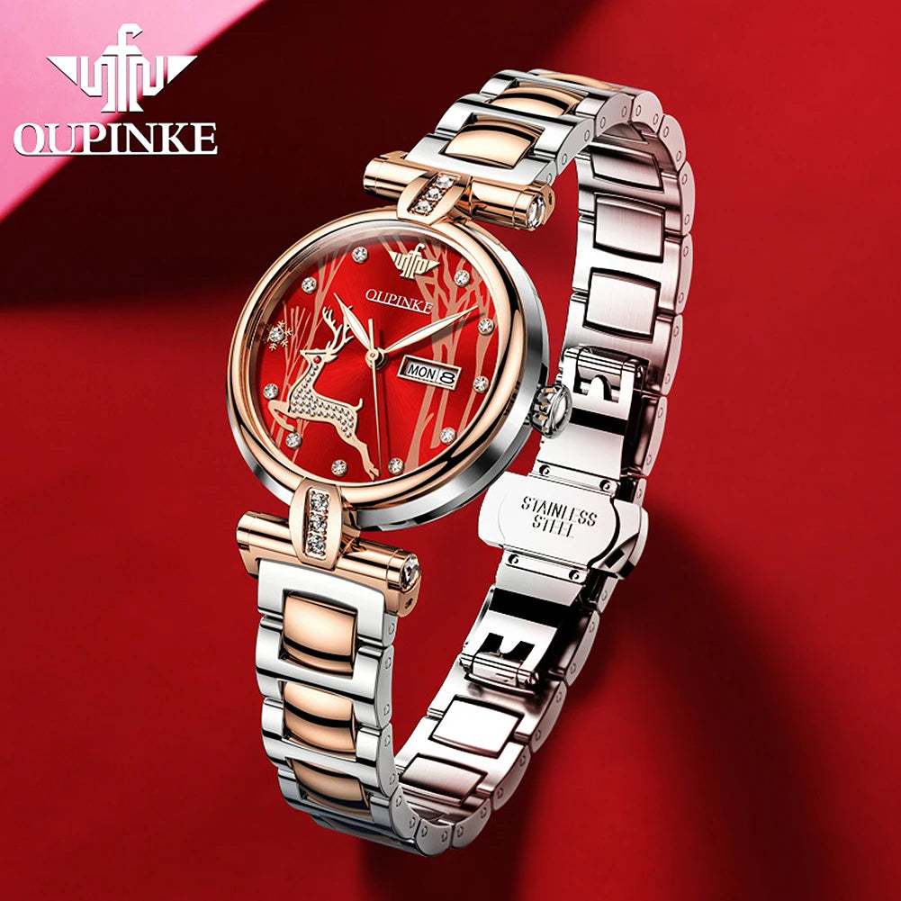 Oupinke Damen mechanische Uhren Mode Diamant Hirsch Design Armbanduhr Top Luxus Stahl armband Automatik uhr für Frauen