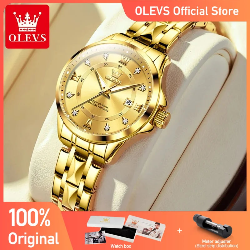 Olevs Damen uhren Luxus Mode Gold kleine Armbanduhr für Damen Original wasserdichte Raute Edelstahl Armband Datum