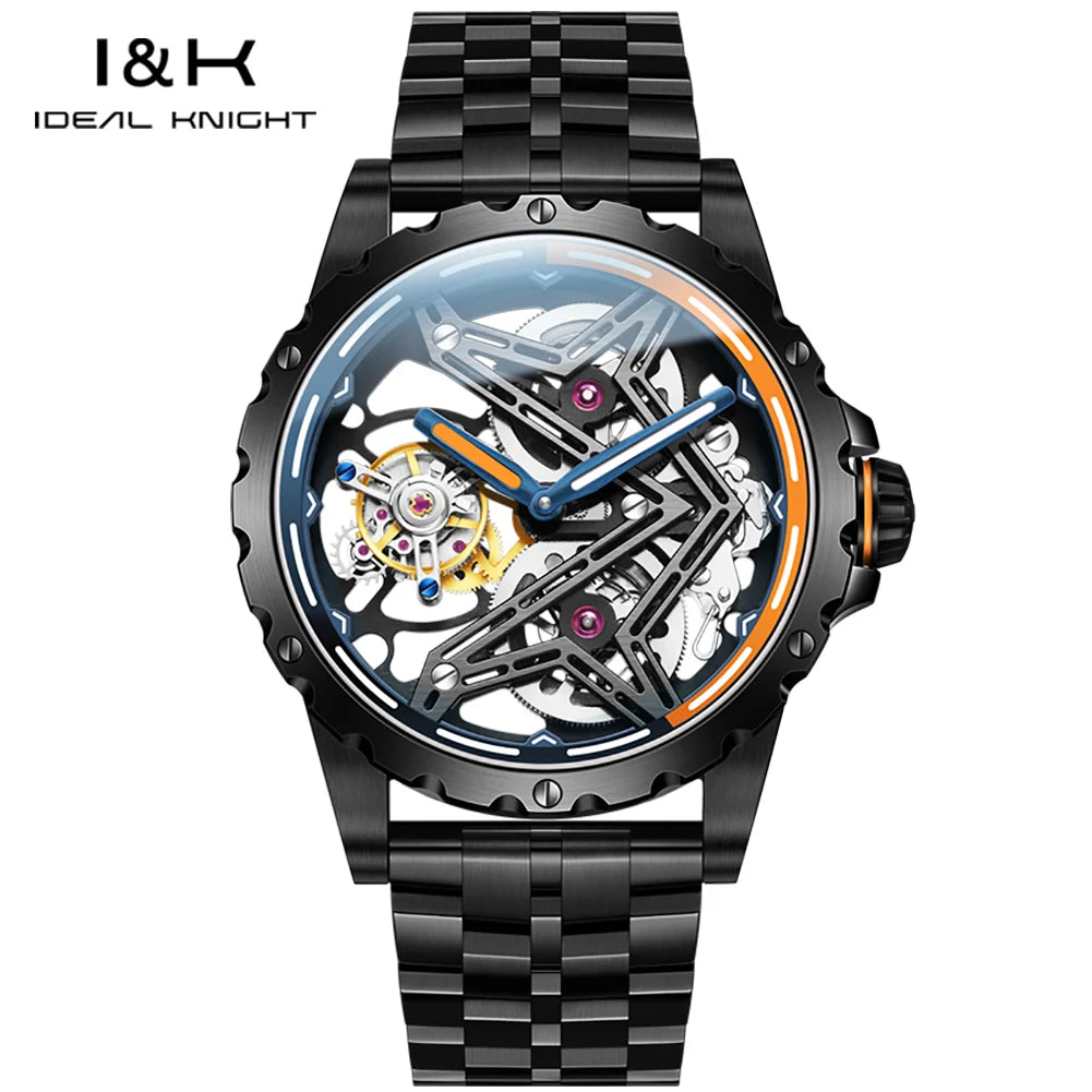 Ideal Knight Tourbillon Automatic Watch for Men Orange Blue Luminous Dial Fashion Black Steel Strap Hand Clock Great Wall Series