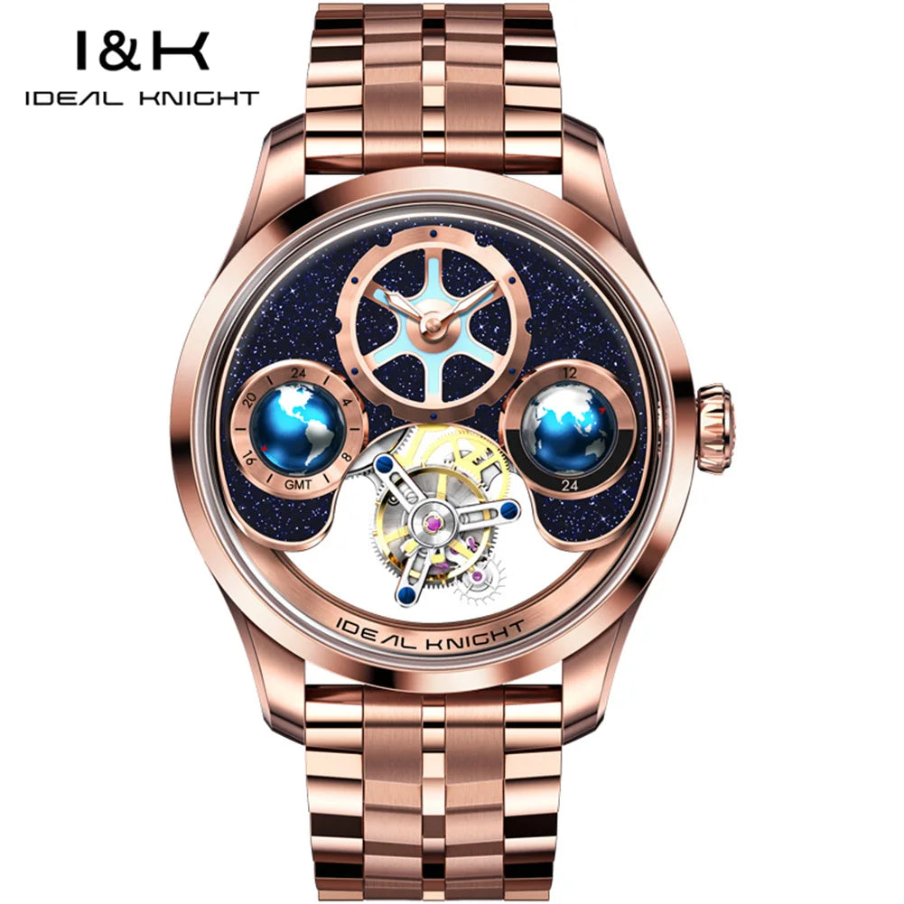 IDEAL KNIGHT 6808 Hollow Tourbillon Watch Luxury Brand Men Watch Fashion Business Waterproof Luminous Blue Earth Design Watch ﻿