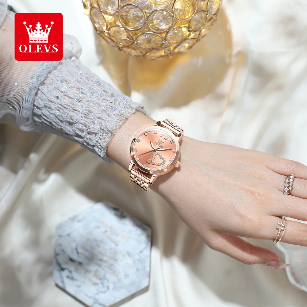 OLEVS 5189 Luxus Damen Original Quarzuhr Diamant Herzförmiges Zifferblatt Wasserdicht Leuchtend Edelstahl Damenuhr Elegant