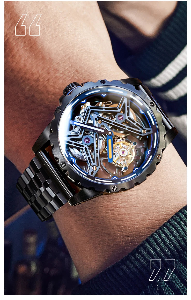 Ideal Knight Tourbillon Automatic Watch for Men Orange Blue Luminous Dial Fashion Black Steel Strap Hand Clock Great Wall Series