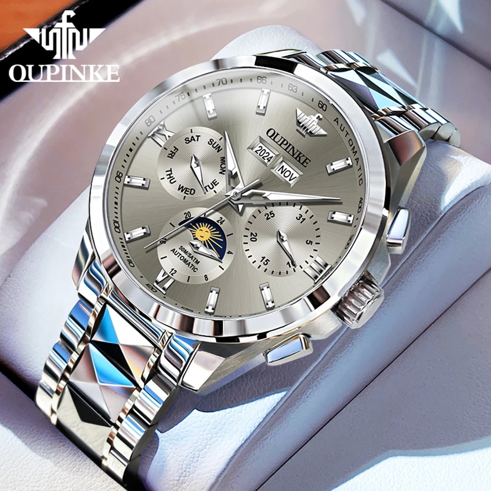 OUPINKE 3201 Männer Uhr Wolfram Stahl Wasserdicht Mondphase Automatische Mechanische Uhr Luxus Marke Männer Uhr Relogios Masculino