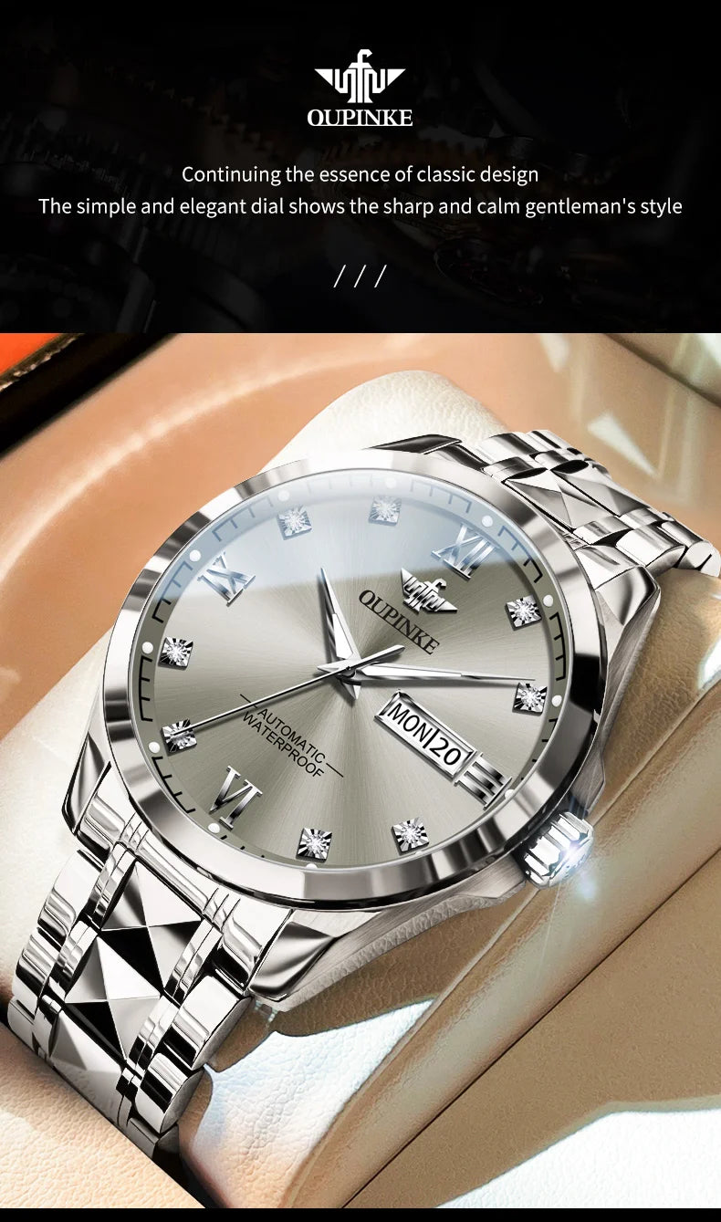 OUPINKE 3262 Men's Watch Luxury Tungsten Steel Waterproof Automatic Mechanical Watch Fashion Brand Calendar Business Men's Watch