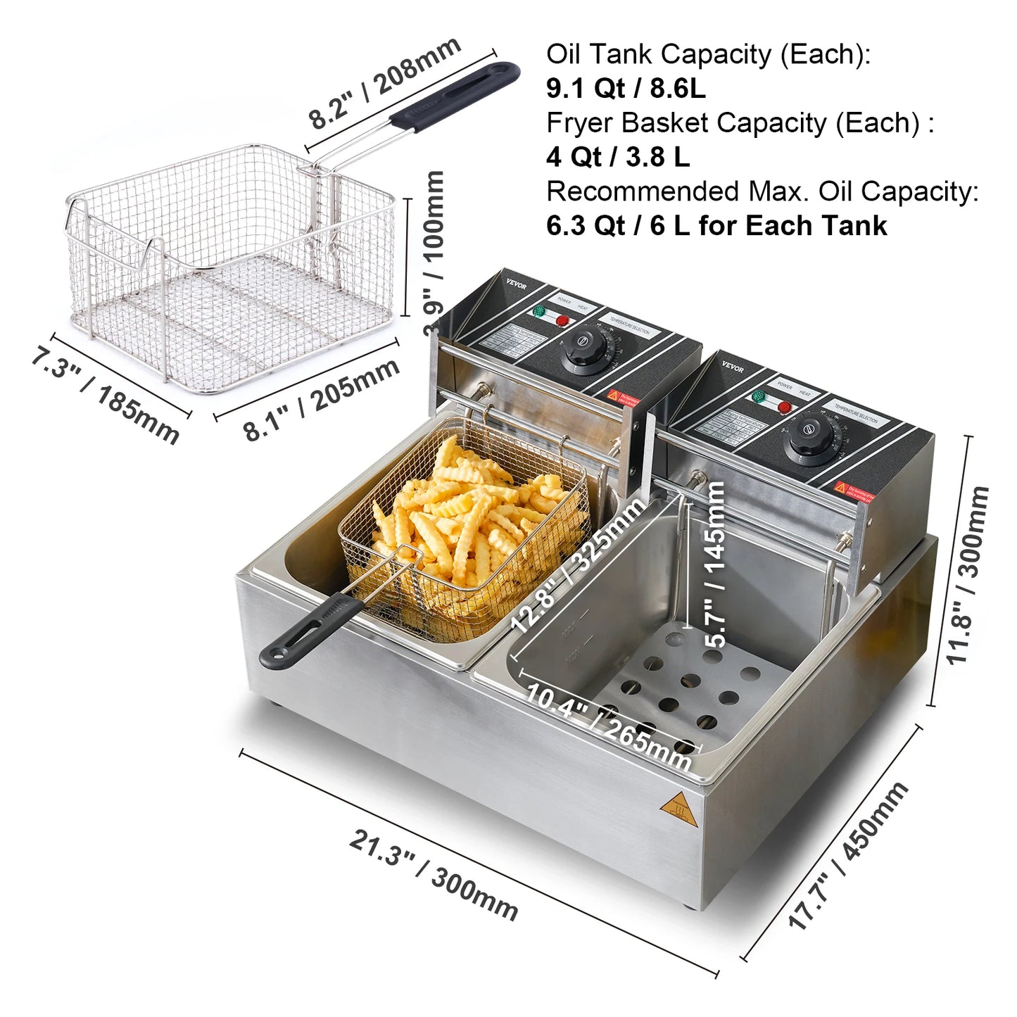 VEVOR Elektrische Edelstahl Fritteuse 24 L, Doppelter Tank Fritteuse Maschine 1500 W + 1500 W, inkl. 2 Frittierkörbe, 2 Abdeckungen, Kommerzielle Fritteuse für Restaurants, Cafés, Imbissstuben usw.