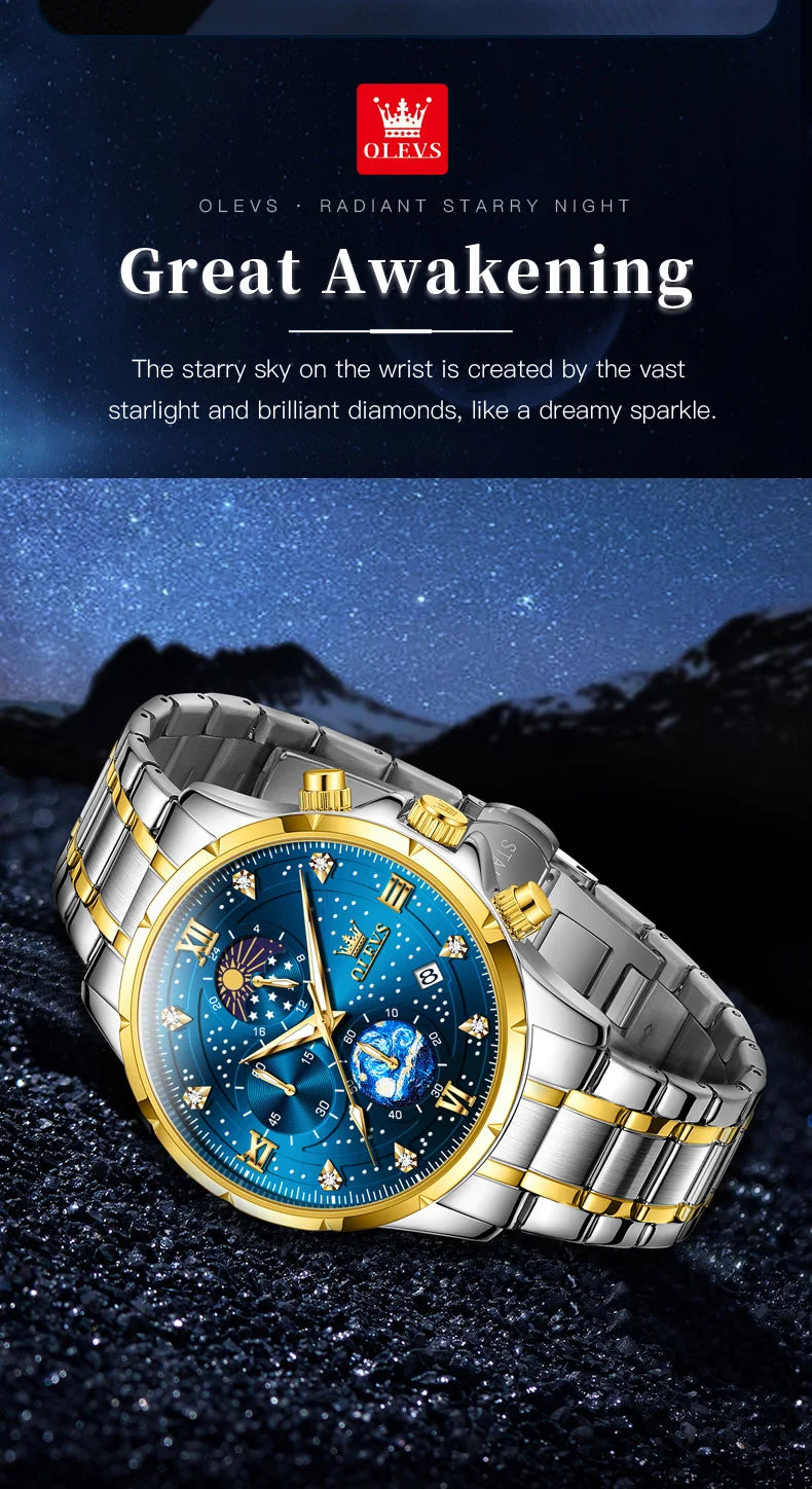 OLEVS Luxury Luminous Starry Sky Dial Men's Watches Moon Phase Waterproof Original Quartz Watch for Male Wristwatch Chronograph